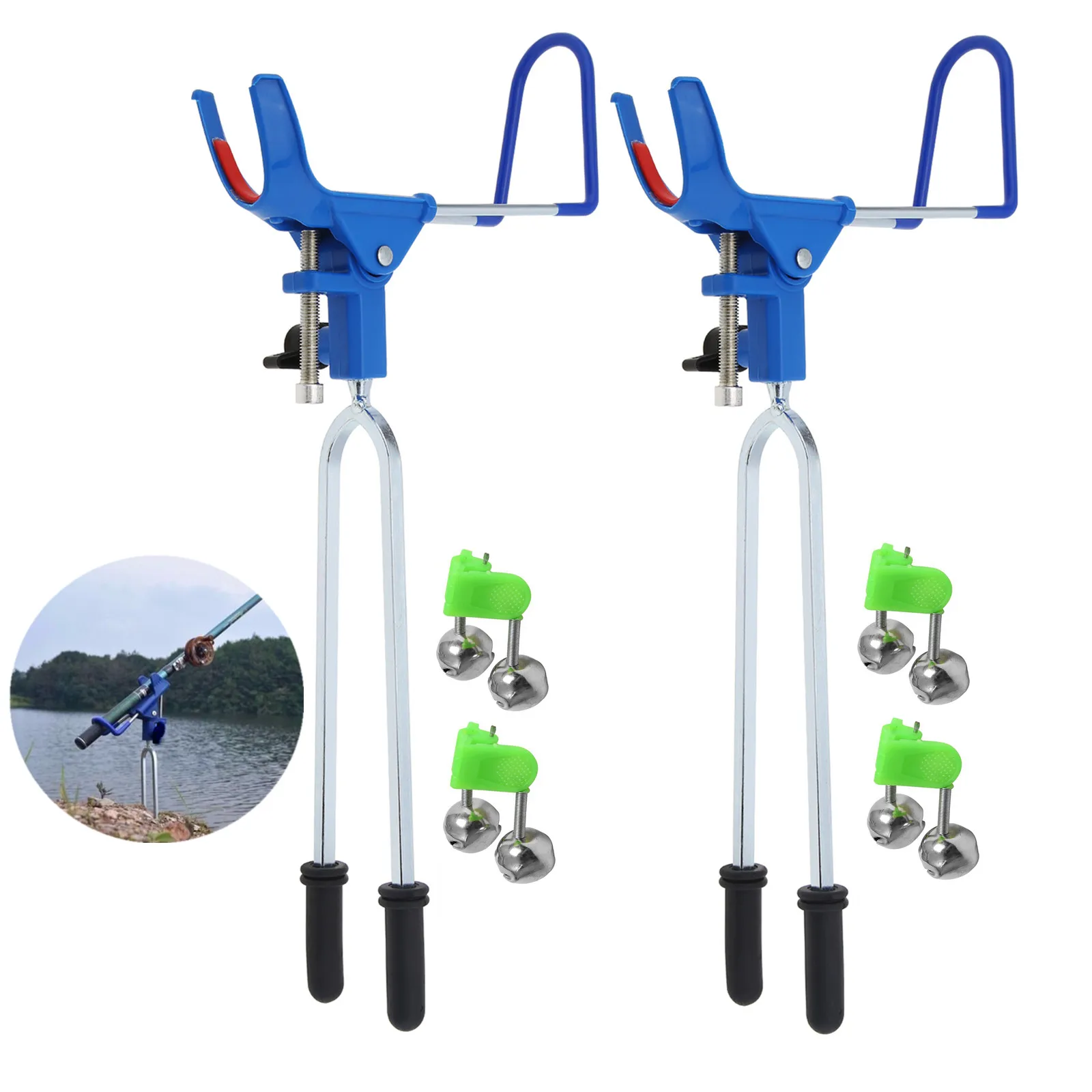 2pcs/lot Adjustable Thicken Fishing Rod Holder for Bank Fishing Ground Support with 4 Fishing Rod Alarm Bells Fish Pole Stand