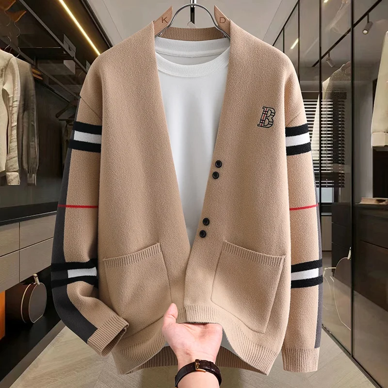 2024 Autumn Winter Men's Sweaters Luxury Color Blocked Striped Jacquard Knit Cardigan Warm Keep Warm Thickened Knitted Coat Tops