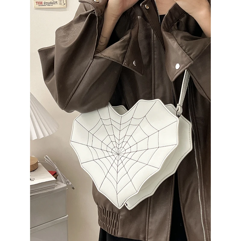Latest Girls Medium Backpack Peach Heart Shaped Spiderweb Pattern Leather Shoulder Bag Female Fashion Punk Crossbody Phone Bag