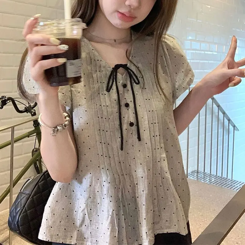 

Sweet Stylish Drawstring Bow Korean Blouse Summer Puff Sleeve Women's Clothing V-Neck Basic Polka Dot Folds Loose Casual Shirts