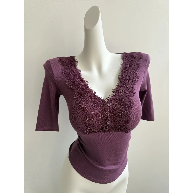 

Top Women's Autumn Lace Patchwork V-neck Short-sleeve T-shirt Slim-fit Flattering Elegant Cropped New Comfortable Casual Niche