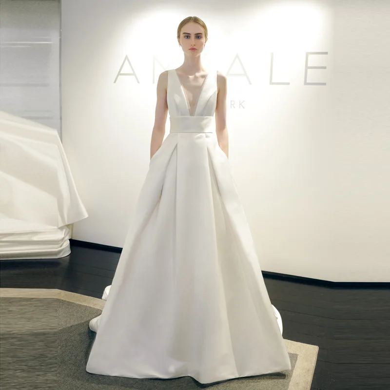 GIYSILE カスタマイズされた新フレンチホワイトのウェディングドレス高級 2025 サテン痩身 V ネック A ライントレーリングウェディングドレスvestidos