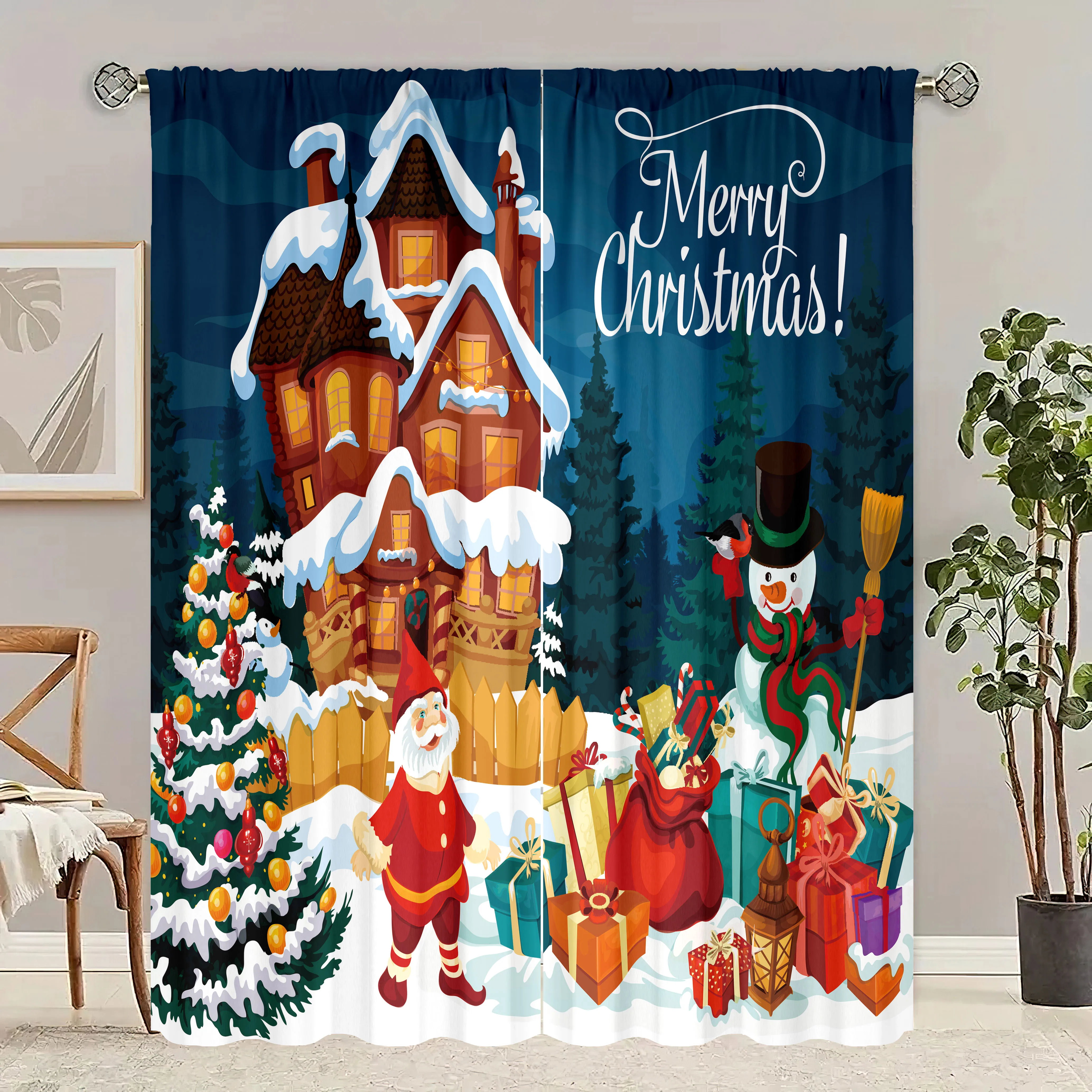 

2шт - Зимние рождественские украшения с принтом занавески - Материал полиэстер - подходит для спальни, гостиной, кабинета