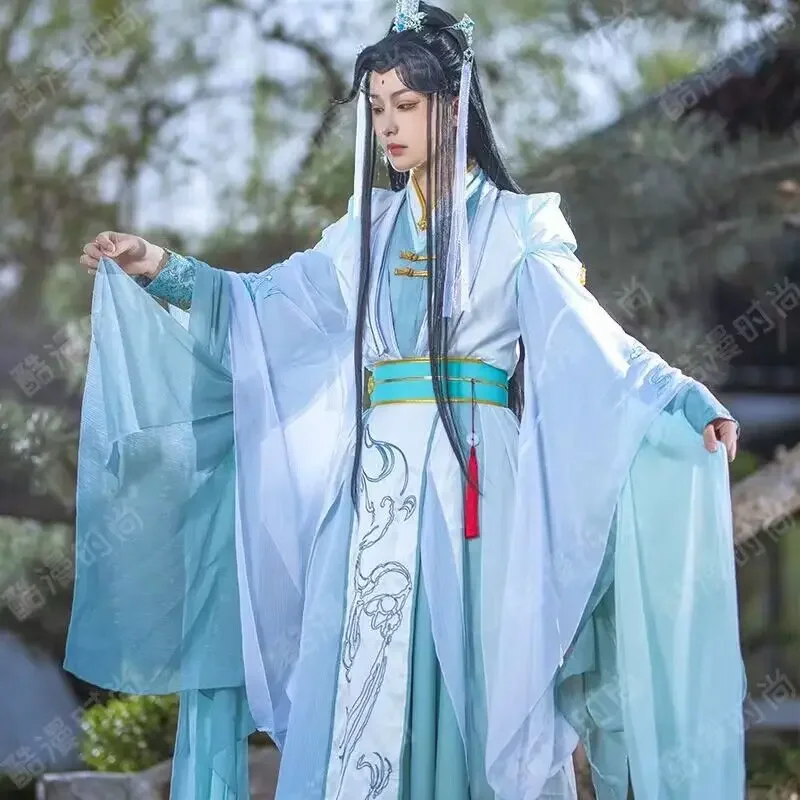 Anime Male Halloween Carnival Cosplay Costume Adult Chinese Traditional Vintage Hanfu Blue 6pcs Sets For Men Women Plus Size XL