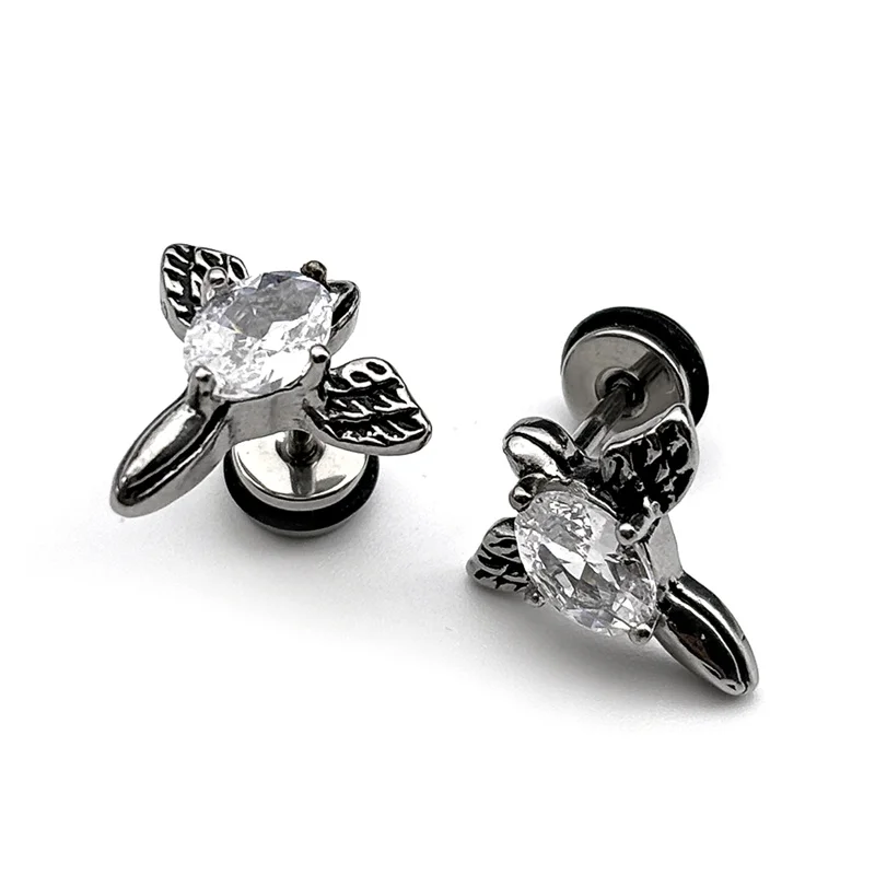 

1PC Gothic Angle Wing Stud Earrings For Women Men Stainless Steel Silver Color Black Rhinestone Earrings Body Piercing Jewelry