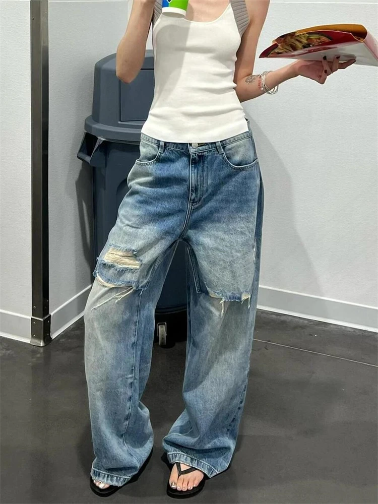 

Women's Patchwork Fake Two Piece Design Holes Denim Pants Cool Girl Trousers Vintage Bottoms Female High Waist Wide-leg Jeans