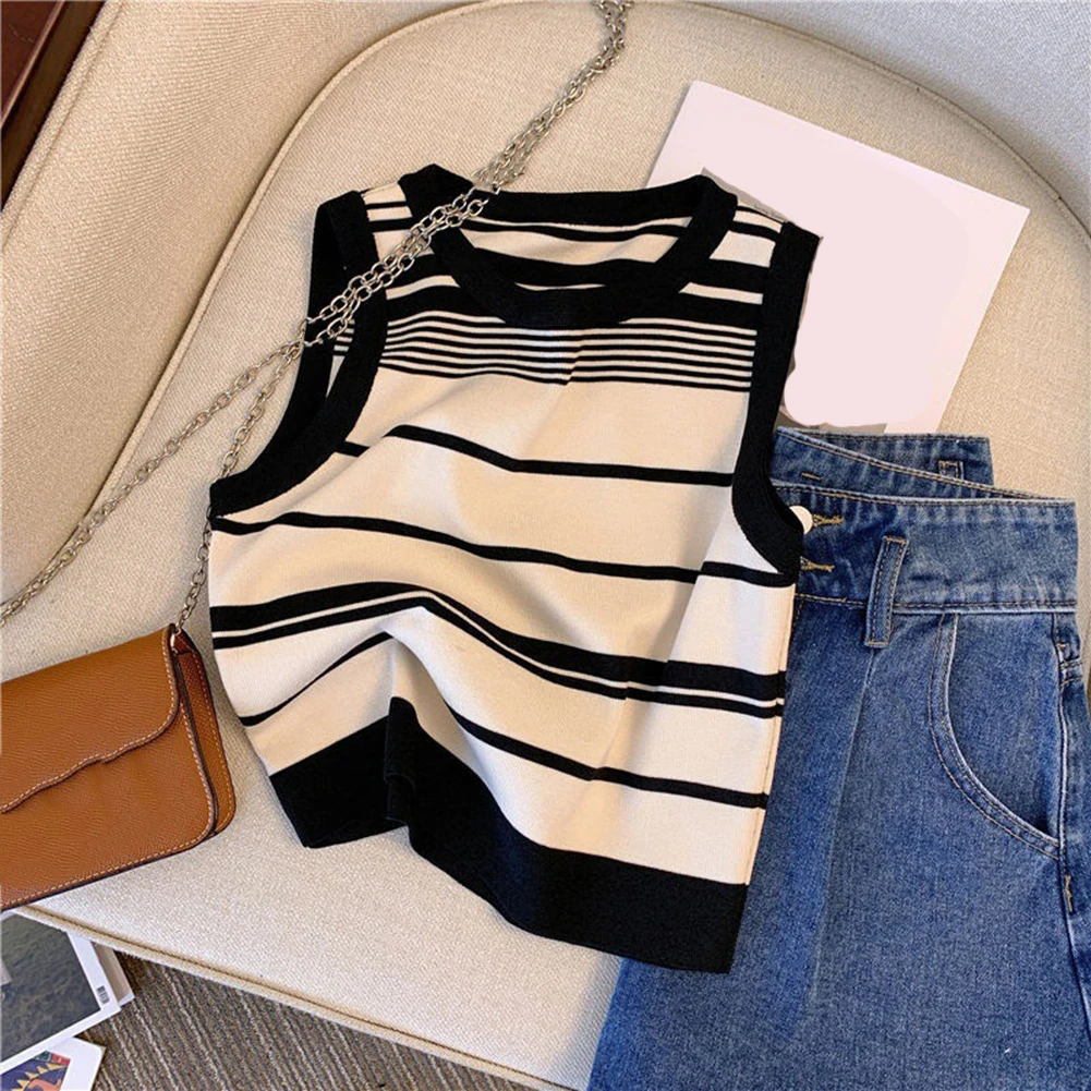 Top corto a righe Top casual da donna Stile basic Completo quotidiano Tessuto microelasticità Top casual senza maniche basic