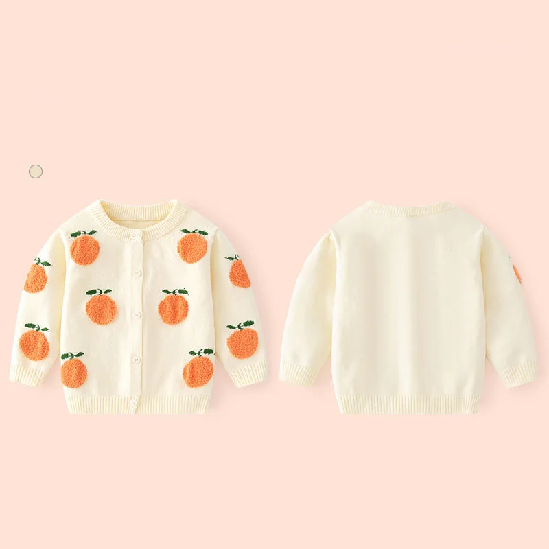 Spring Autumn Children Girls Knitwear Orange Embroidery Knitted Kid Baby Girls Cardigan 100% Cotton Little Girl Outerwear