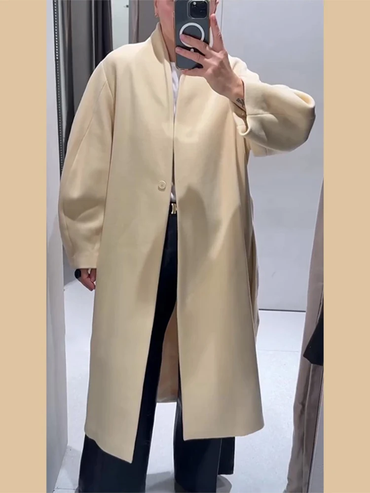 เสื้อโค้ทขนสัตว์แบบยาวสำหรับผู้หญิง ทรงหลวม แขนยาว คอวี ติดกระดุมผูกเชือก สีเบจ แฟชั่นสำหรับผู้หญิง เสื้อคลุมกันหนาว