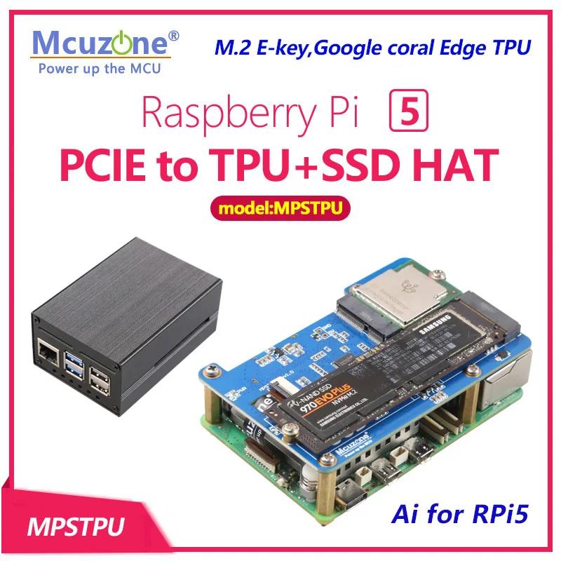 model:MPSTPU,Raspberry Pi 5 PCIE to TPU and SSD HAT, AI for RPi5, support Google coral Edge TPU,support NVME SSD