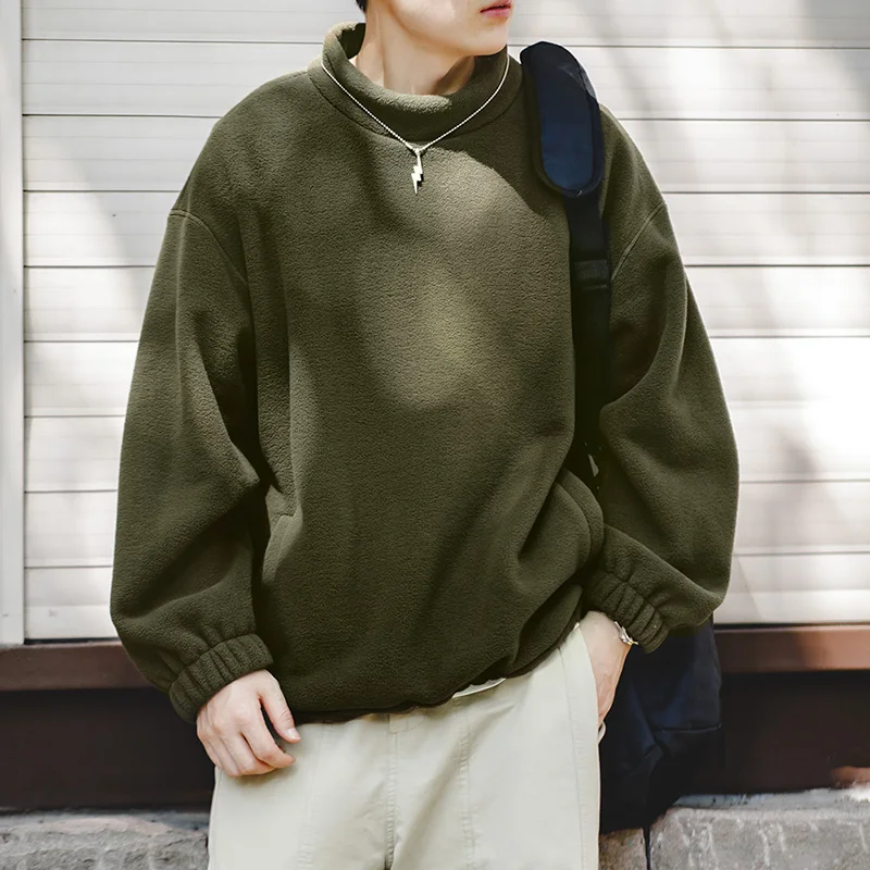 Maden Dark Green Polar Fleece Sweatshirt for Men Oversize Fit Stand-up Collar Pullover Autumn and Winter Warm Thickened Sweater