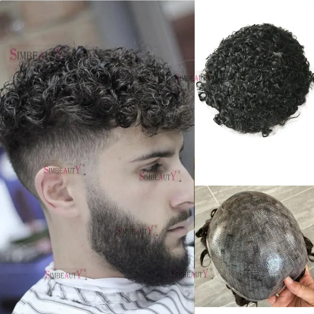 Full Thin Pu Base 18mm Curly Mens Toupee Durable Natural Hairline  Jerry Curl Super Cheap Male Human Hair Wigs Prosthesis System