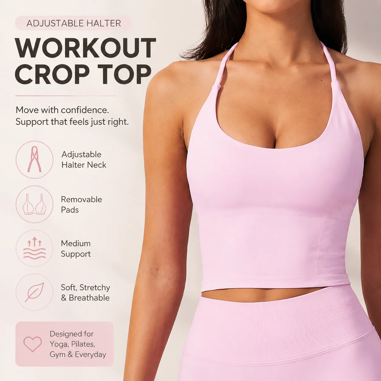 Women's Halter Spaghetti Strap Longline Sports Bra Seamless Padded Crop Tank Top with Ribbed Hem for Yoga Gym Pilates