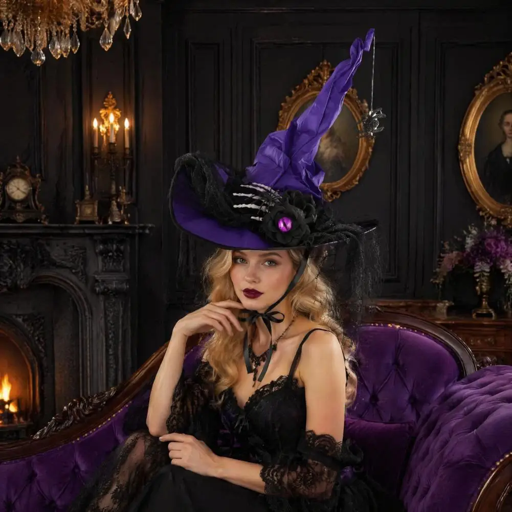 Dark Magician Cosplay Headwear Halloween Witch Hat for Women Spider Web Mesh Skeleton Hand Rose Flower for Cosplay for Halloween