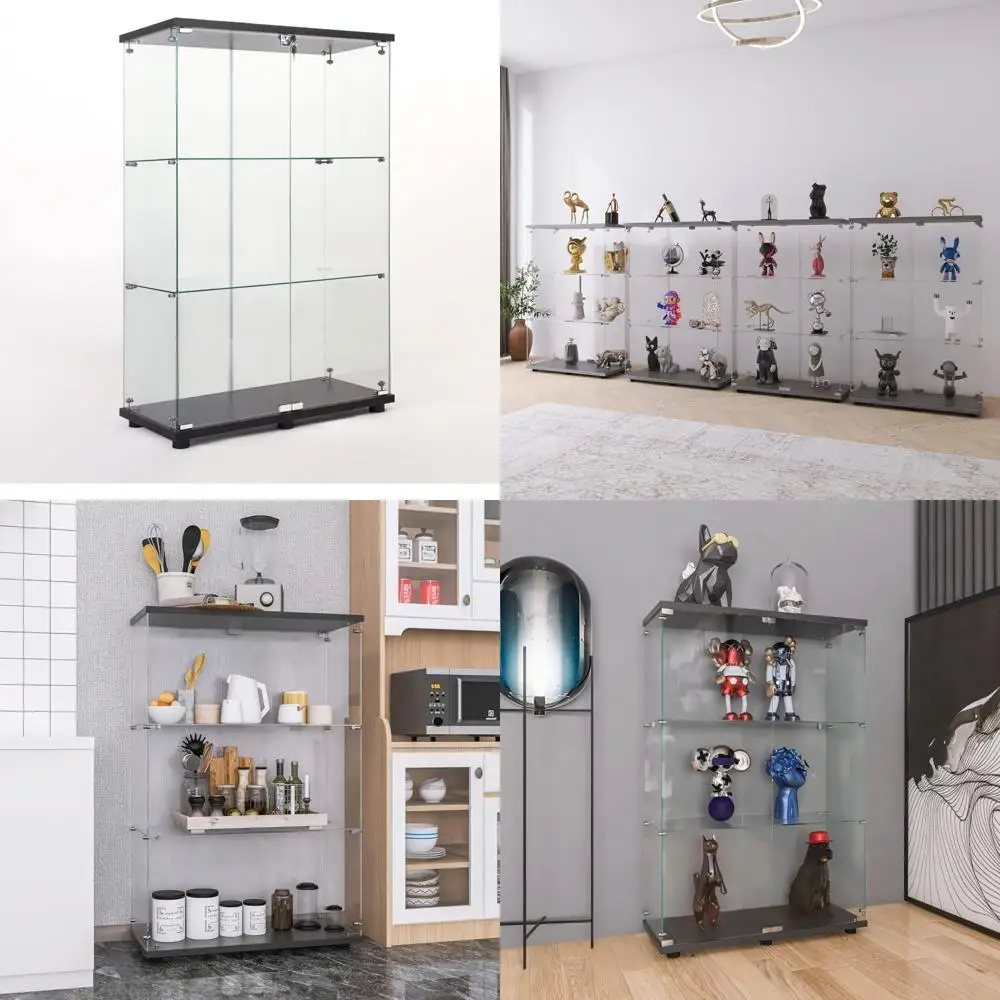 

Floor Standing Glass Display Cabinet with 3 Shelves and 2 Doors, Clear Glass Curio Cabinet Collection Display Case for Living Ro