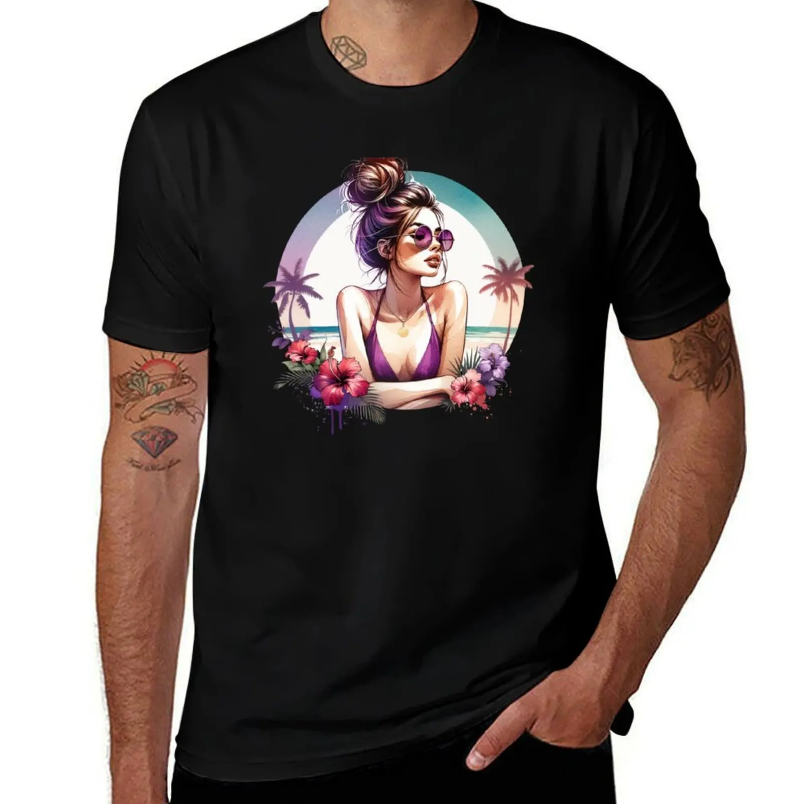 Messy Bun Babe on Beach - Purple T-Shirt Festival Short Sleeve T-Shirt