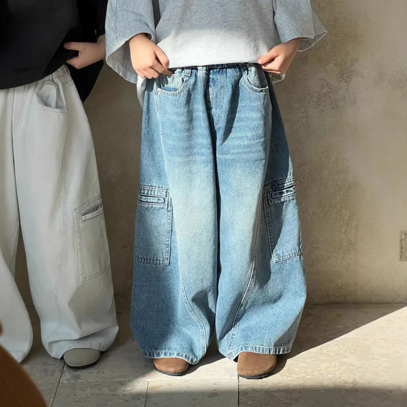 

Джинсы для мальчиков и девочек, весна-лето, новый корейский стиль, свободные прямые брюки с широкими штанинами, универсальные повседневные штаны для детей 3-12 лет