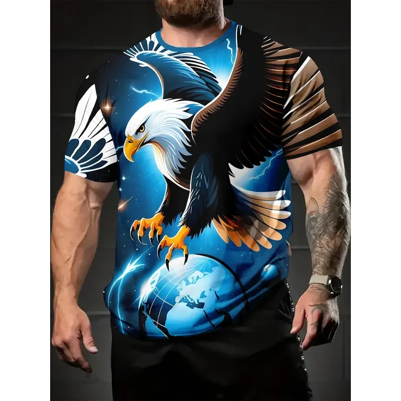 2026 Men's Summer T Shirt Digital Print Lightning Eagle Stepping on Earth Pattern Short Sleeve Tee Top Casual Comfortable