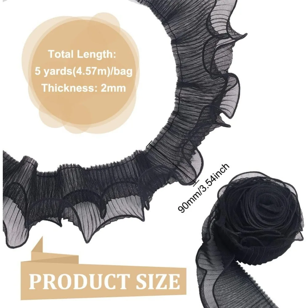 5 Yards 2-Layer Tiered Ruffle Pleated Chiffon Lace Fabric 3-1/2 inch Wide Black Pleated Chiffon Elastic Lace Ruffle Trim