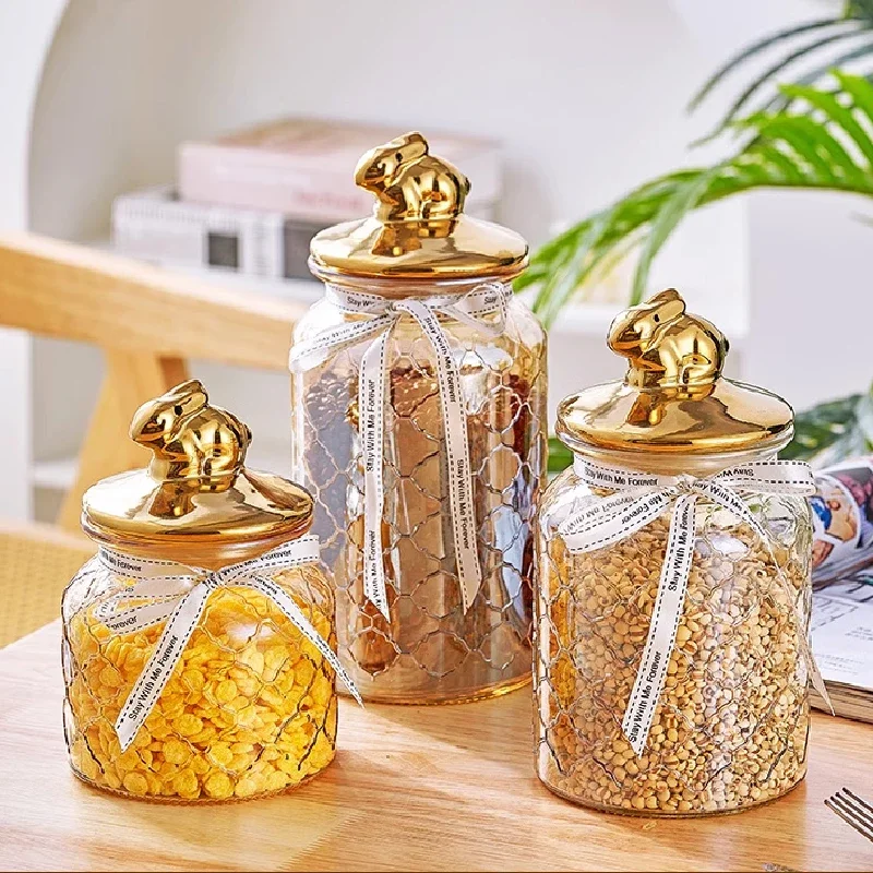 Amber Glass Sealed Jar Gold-plated Rabbit Glass Bottle Snack Candy Jar Kitchen Household Food Miscellaneous Grains Storage Jar