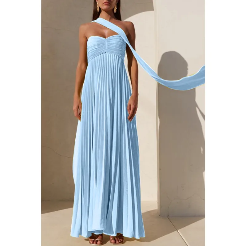 Elegant Strapless Pleated Long Dress for Women Sexy Sleeveless Backless Design Spring Summer New Arrival Lady Evening Party Robe