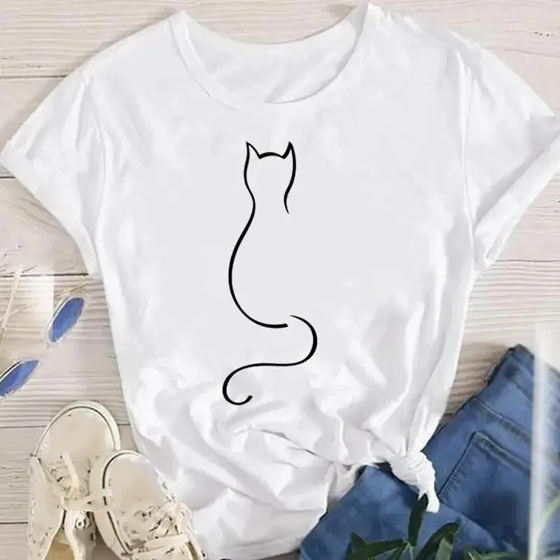 Camiseta de manga curta estampada feminina, tops femininos, T-shirt extragrande, gato fofo, animal, roupas gráficas, moda coreana, verão