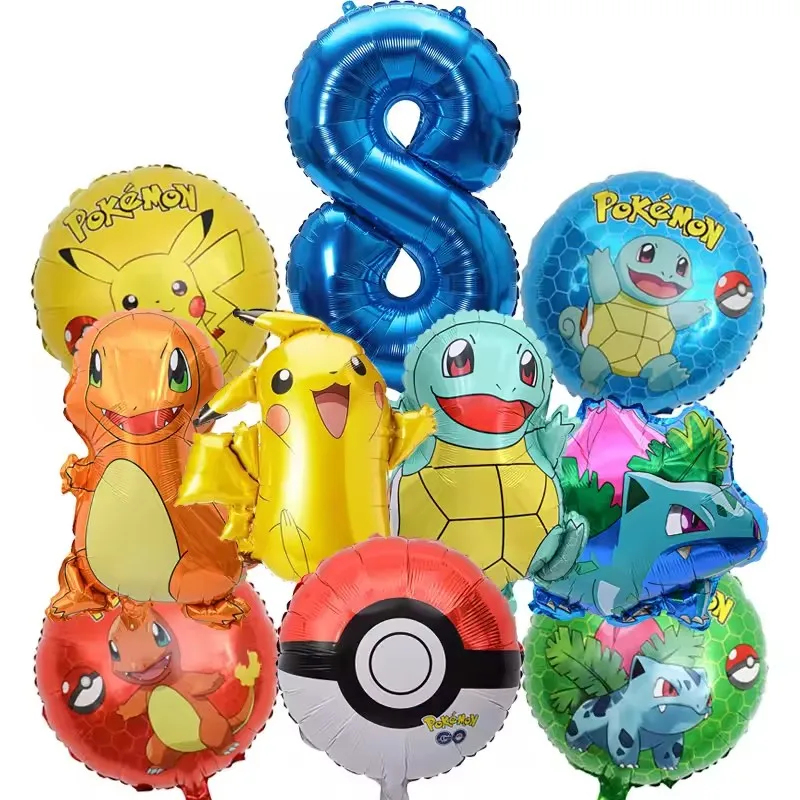 10-teiliges Pokemon-Luftballons-Set, Pikachu-Pokemon-Ball-Luftballons, 32 Zoll, blauer Zahlenballon für Kinder, Dekoration für die 1.-9. Geburtstagsfeier