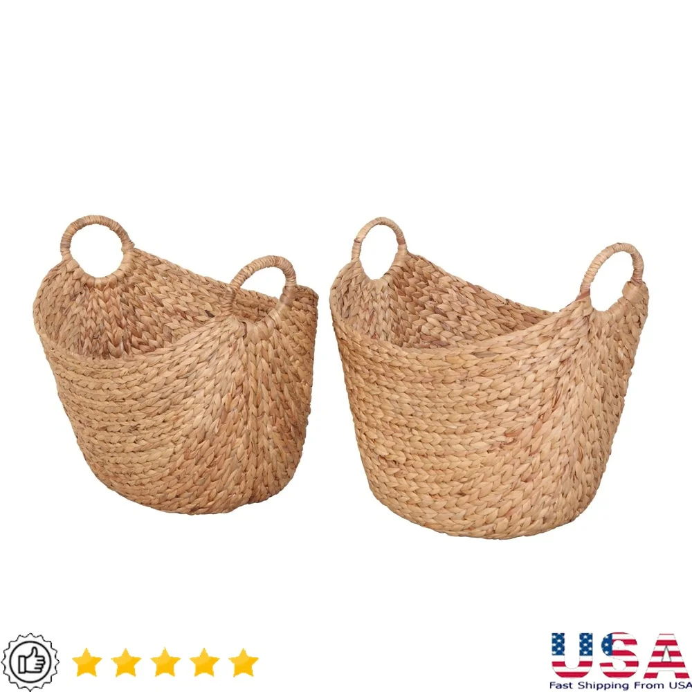 

Extra Large Natural Water Hyacinth Storage Baskets Set of 2 Durable Handcrafted Decorative Boat Baskets with Handles Organizing