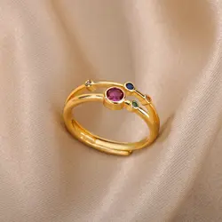 Colorful Zircon Geometric Stone Rings For Women Stainless Steel Gold Plated Round Crystal Ring Wedding Aesthetic Jewelry Gift