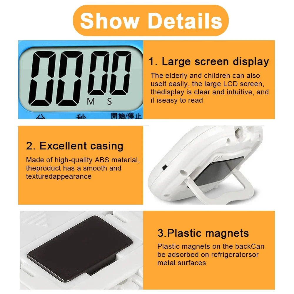 Newest Digital Kitchen Timer Big Digits Loud Alarm Magnetic Backing Stand with Large LCD Display For Cooking Baking Sports Games