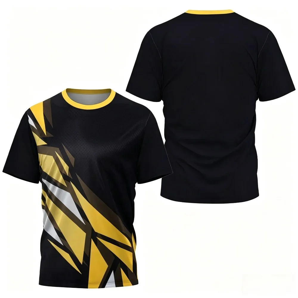 Sharp Yellow Black Geometric Print Men T‑Shirt Short Sleeve Yellow Collar Quick Dry Athletic Fitness Sport Casual Tees Tops
