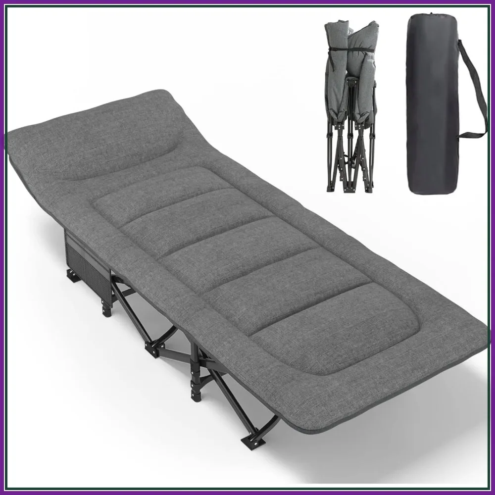 

Camping Cot for Adults with Cushion and Pillow, Portable Folding Bed for Sleeping, Lightweight Tent Cot Supports 450 lbs (Grey)