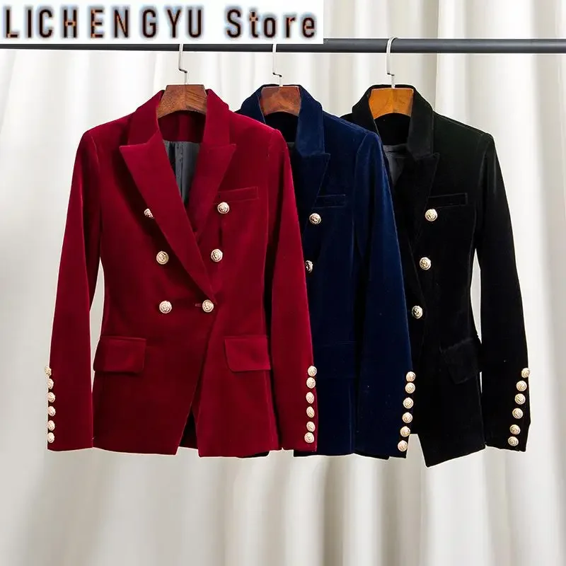 Fashion Brand Spring Women Slim Velvet Blazer Jacket Double Breasted Simple Lady Blazers High Grade OL Clothing