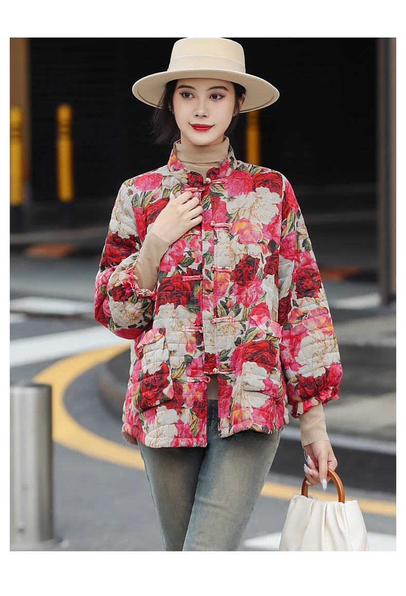 Autumn Winter New Chinese Style Women's Stand Collar Fashion Printed Lightweight Warm Mulberry Silk Cotton Jacket One Size