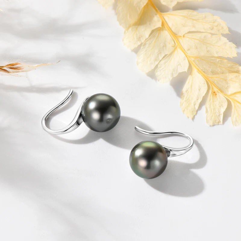 

Anziw 925 Sterling Silver 9mm Round Tahitian Black Pearl Drop Hook Earrings for Women Vintage Hepburn style Fine Jewelry Wedding