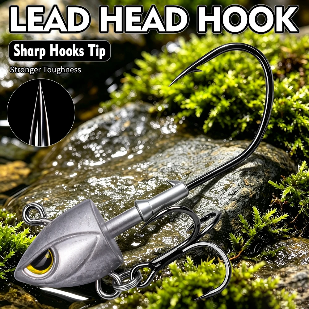 Sunlure 10PCS/Box 3D Simulated Fish Eye Jig Lead Head Hooks Double Rings High Carbon Steel Barbed Saltwater Bass Fishing Hooks