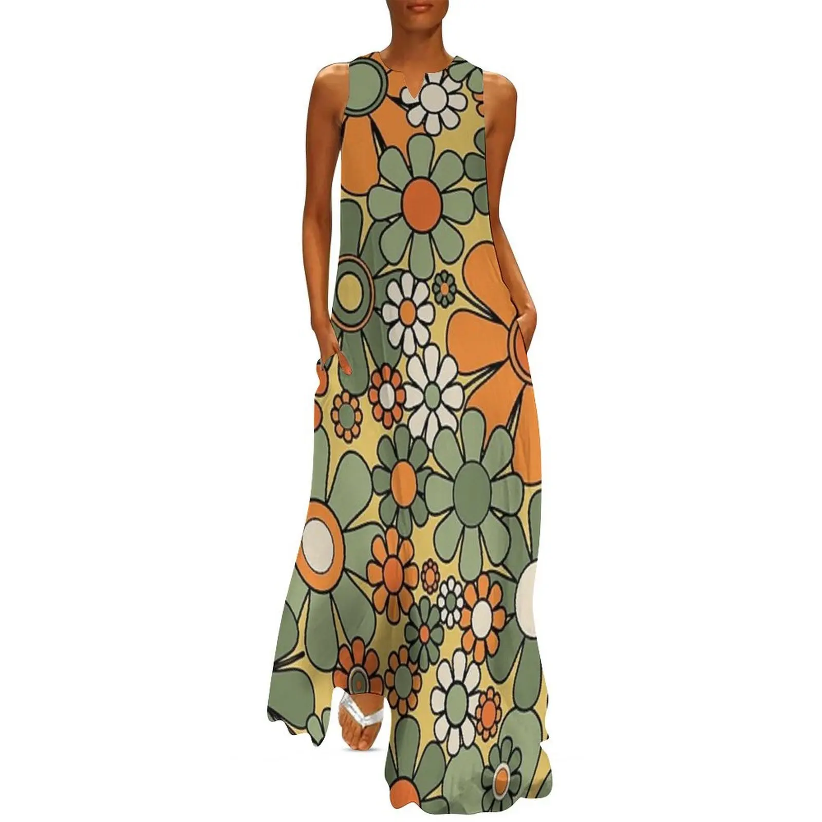 

Retro Garden Flowers Groovy 60s 70s Floral Pattern Green Orange Mustard Yellow Black Long Dress Women's summer dress