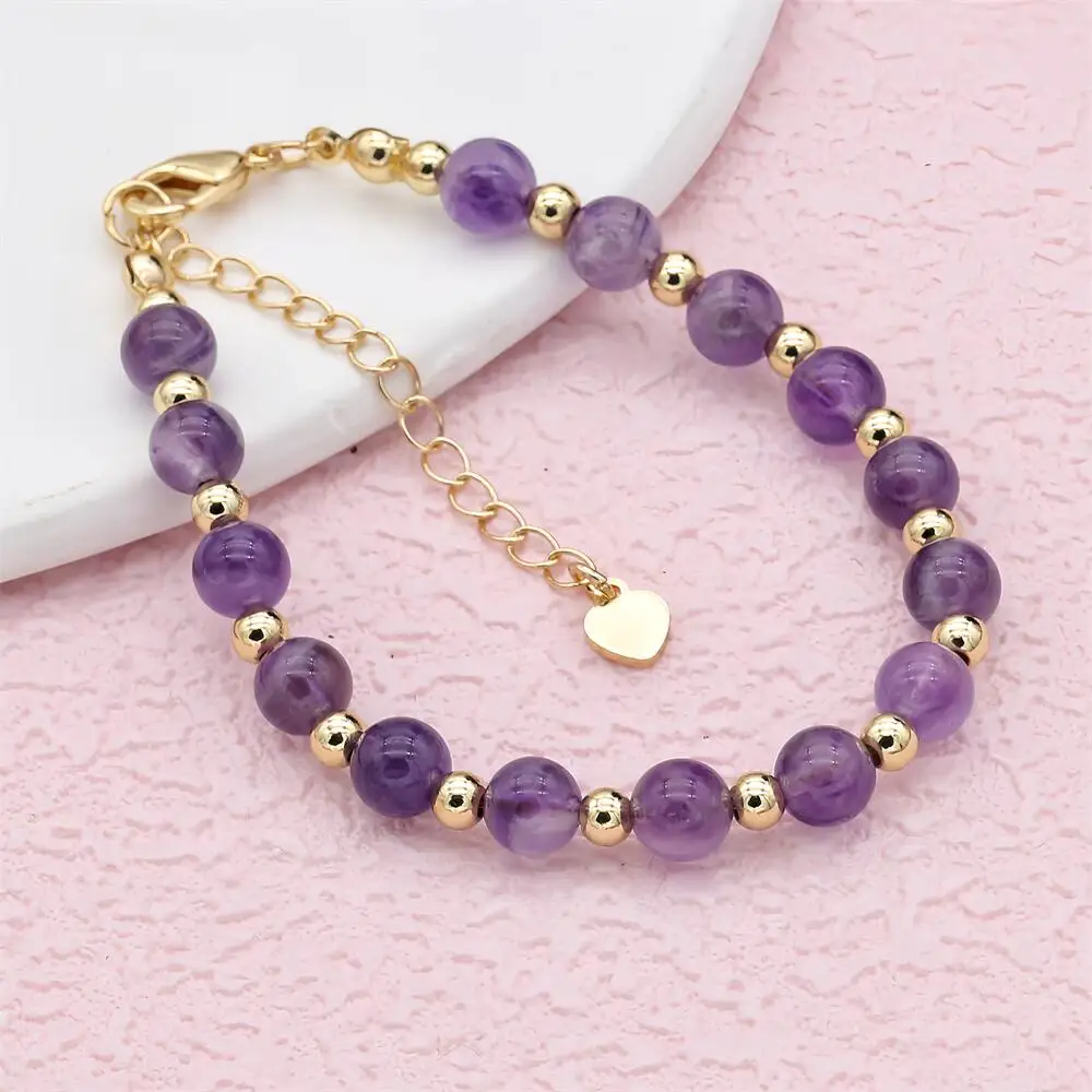 6MM Natural Amethyst Gold Plated Beaded Dainty Chain Strand Bracelet Handmade Women Pulseira Fashion Jewelry Gift