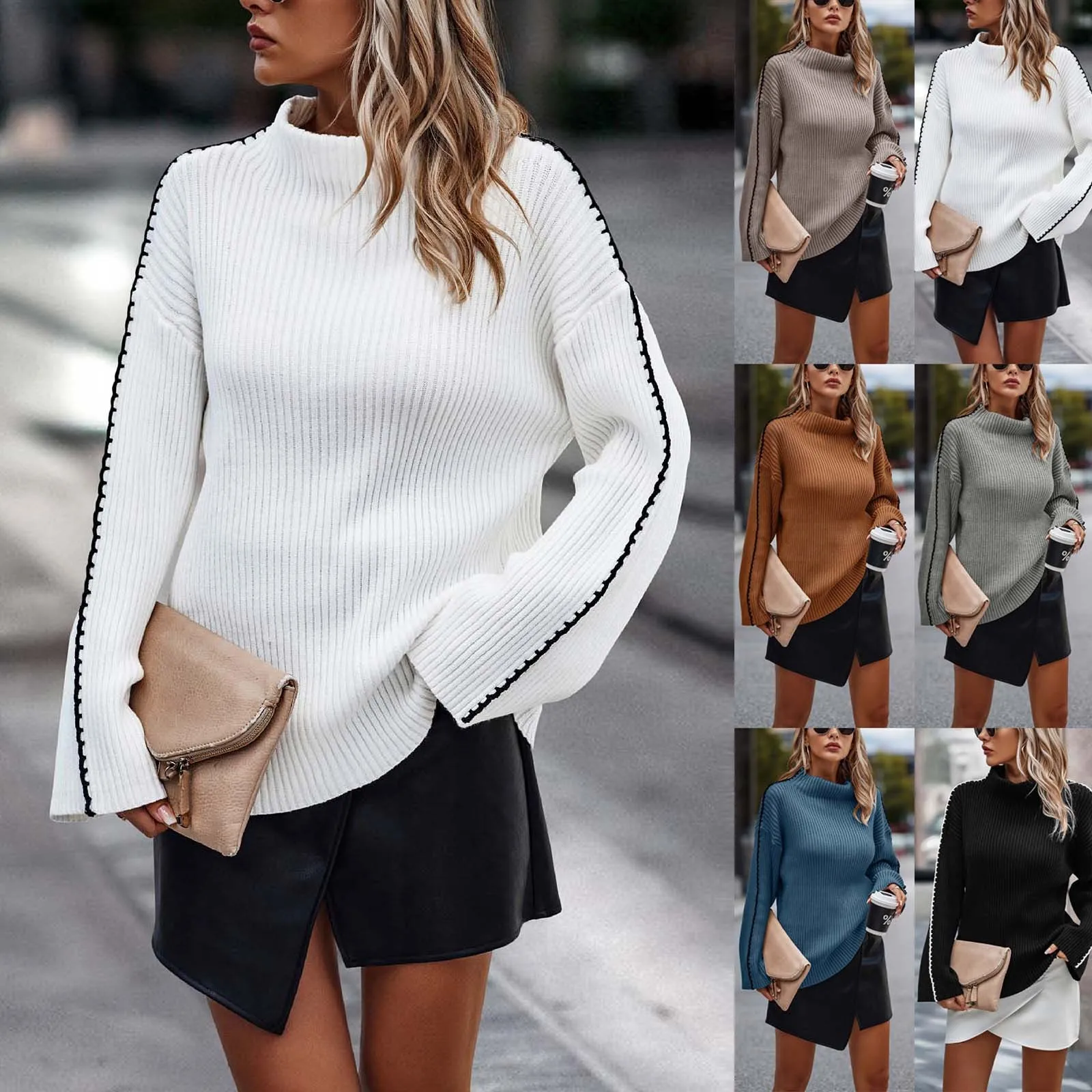 Women Knitted Ribbed Loose Sweater Turtleneck Long-Sleeved Oversize Pullovers Solid Sweater Wsolid Pullovers Stripe Casual Sweat