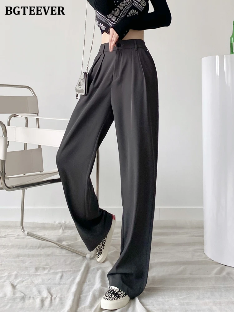 BGTEEVER Stylish Loose Floor-Length Suit Pants for Women 2022 Spring Summer Casual High Waist Pockets Female Wide Leg Trousers