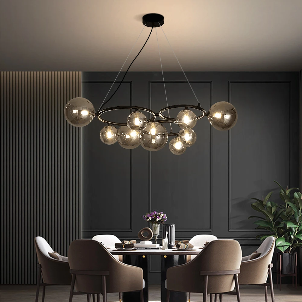 Round Glass Ball Chandelier for Dining Living Room Bedroom Nordic Smoke Grey Glass Ball LED Hanging Chandeliers  Pendant Lamp