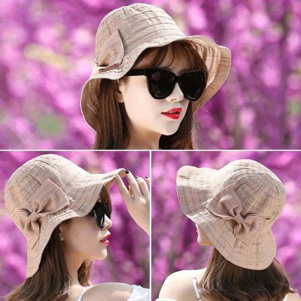 Seaside Beach Hat Cotton Sunshade Fisherman Cap Thin Breathable Women Bow Sun Hat Solid Color Foldable Sun Protection Hat Summer