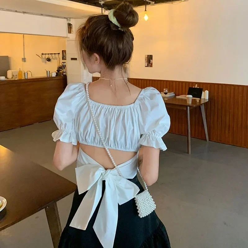 2025 Summer New Back Cropped Tops Women French Square Neck Bow Bandage Shirts Female Fashion Blue Puff Sleeve Blouse