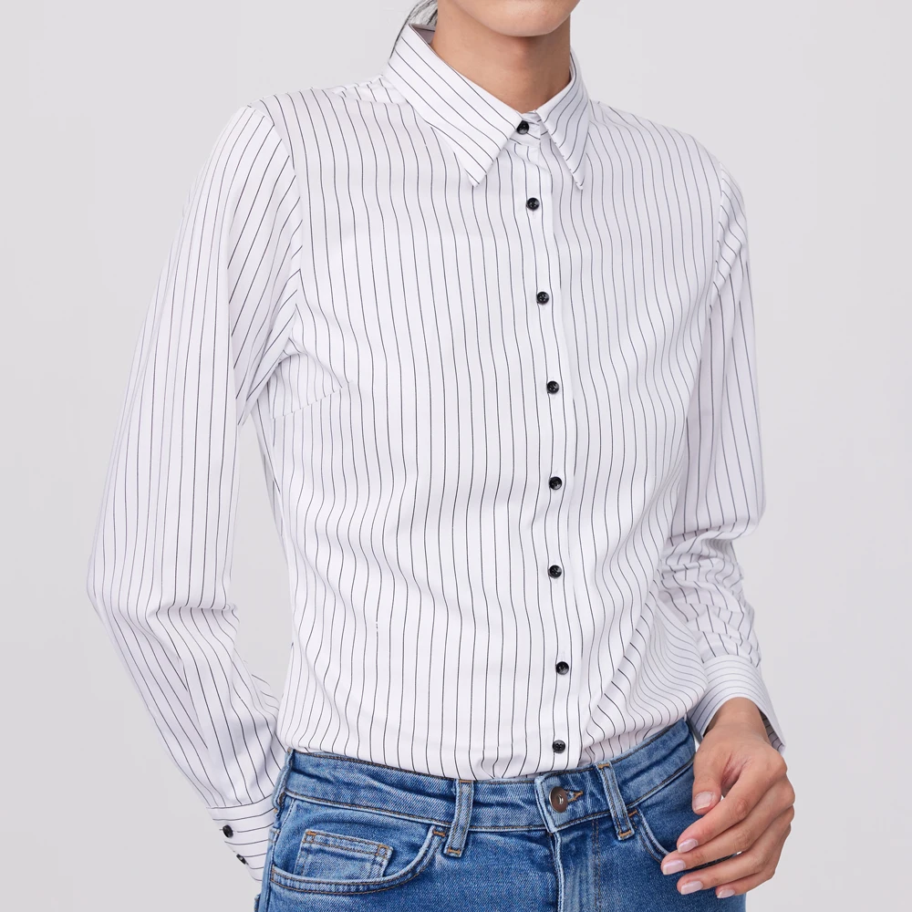 Women's Non-iron Office Lady Long Sleeve Striped Shirt Without Pocket Slight Strech Slim-fit Versatile Easy Care Dress Shirts