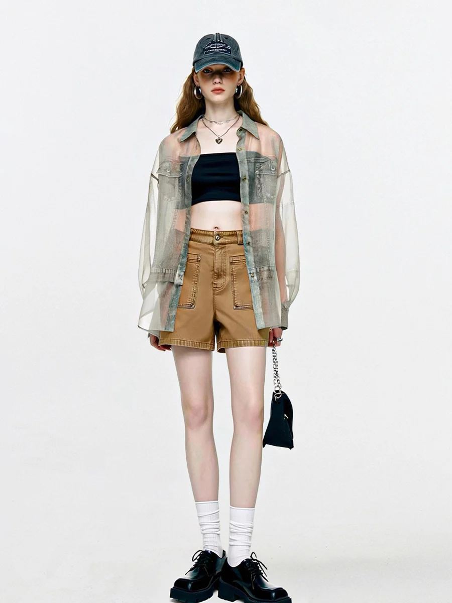 

AHMI Denim Sle Me irt Женская летняя верхняя одежда Свободная солнцезащитная накидка Тонкая дышащая защита от кожи