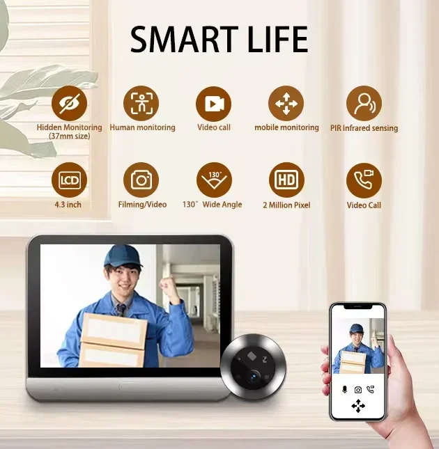 Smart Doorbell Silence Tuya APP WiFi Video 4.3 1080P Eye Peephole Camera 5000mAh No Feel PIR Motion Data Cable Door Viewer Bell