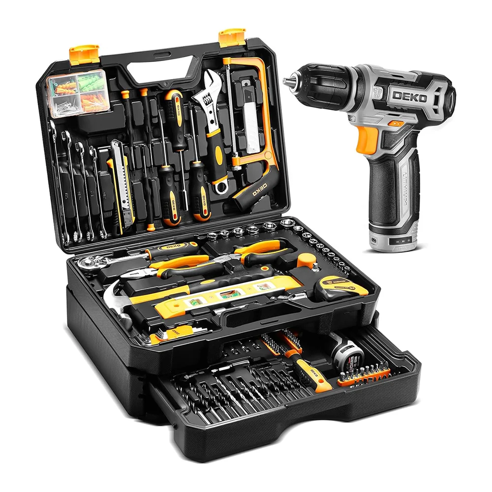 Kit Box Drill Set：Home Mechanic Toolbox with 12V Power Cordless Drill Hand Repair Tools Sets Combo Kits Storage Org