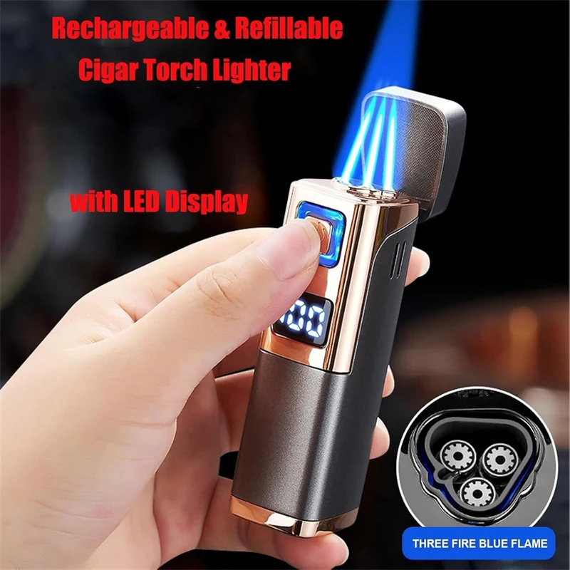 Triple Jet Flame Refillable Butane Windproof Lighter Type-C Rechargeable Portable Igniter With LED Display Visual Gas Window