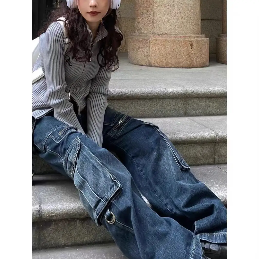 Aesthetic Harajuku Streetwear Jeans Chic Zipper Multi Pockets Denim Pants Vintage Punk Style Loose Mid Waist Button Pants Y2k