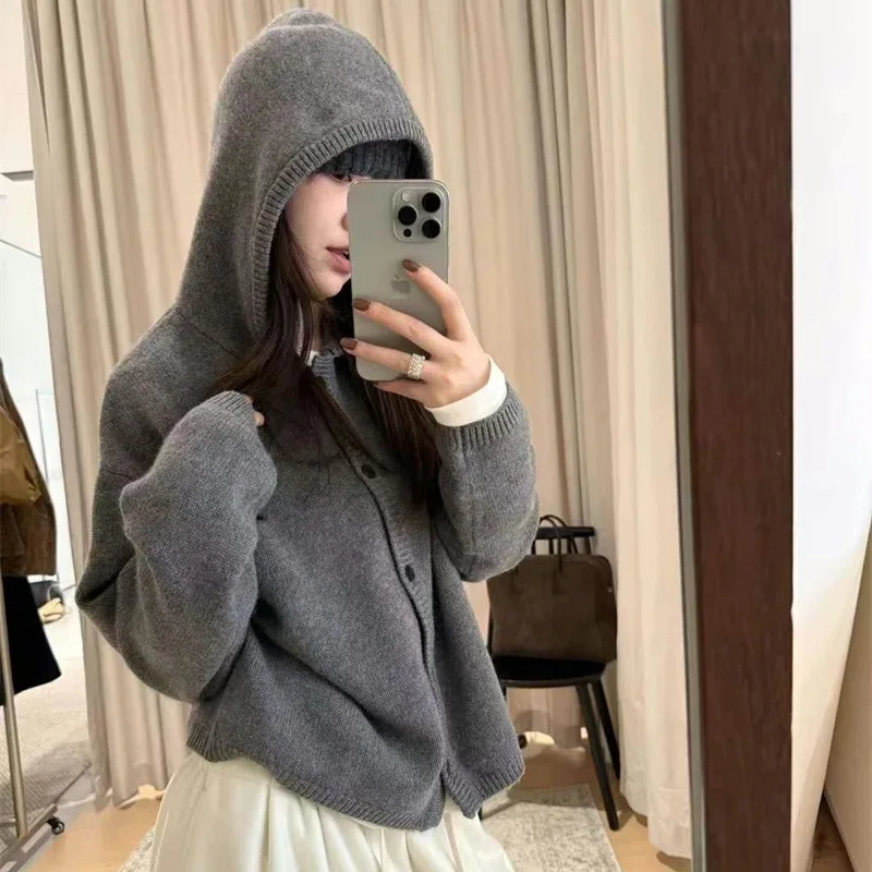 

Lazy Style Baggy Hooded Knitted Cardigan Women Autumn New Japanese Retro Sweater Outerwear Y2K Streetwear Woman Hoodies Jacket